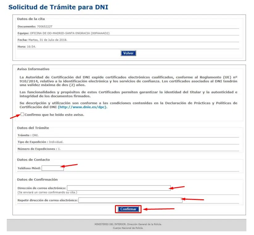Cita DNI Confirmar la cita